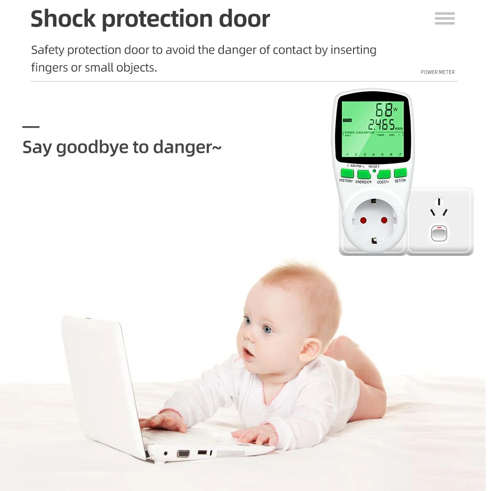 Digitaler Spannungs-Wattmeter, US/UK/EU-Steckdose, Energiezähler, Leistungsmesser für Wattzahl, kWh-Leistungsmesser mit Hintergrundbeleuchtung – Detail 7