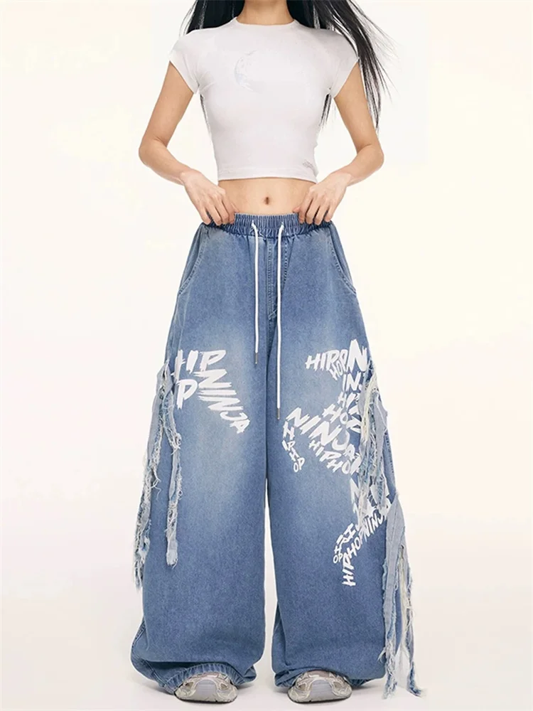 American Vintage Washed Blue Autumn New Hip Hop Dance Jazz Jeans Wide Leg Pants for Women