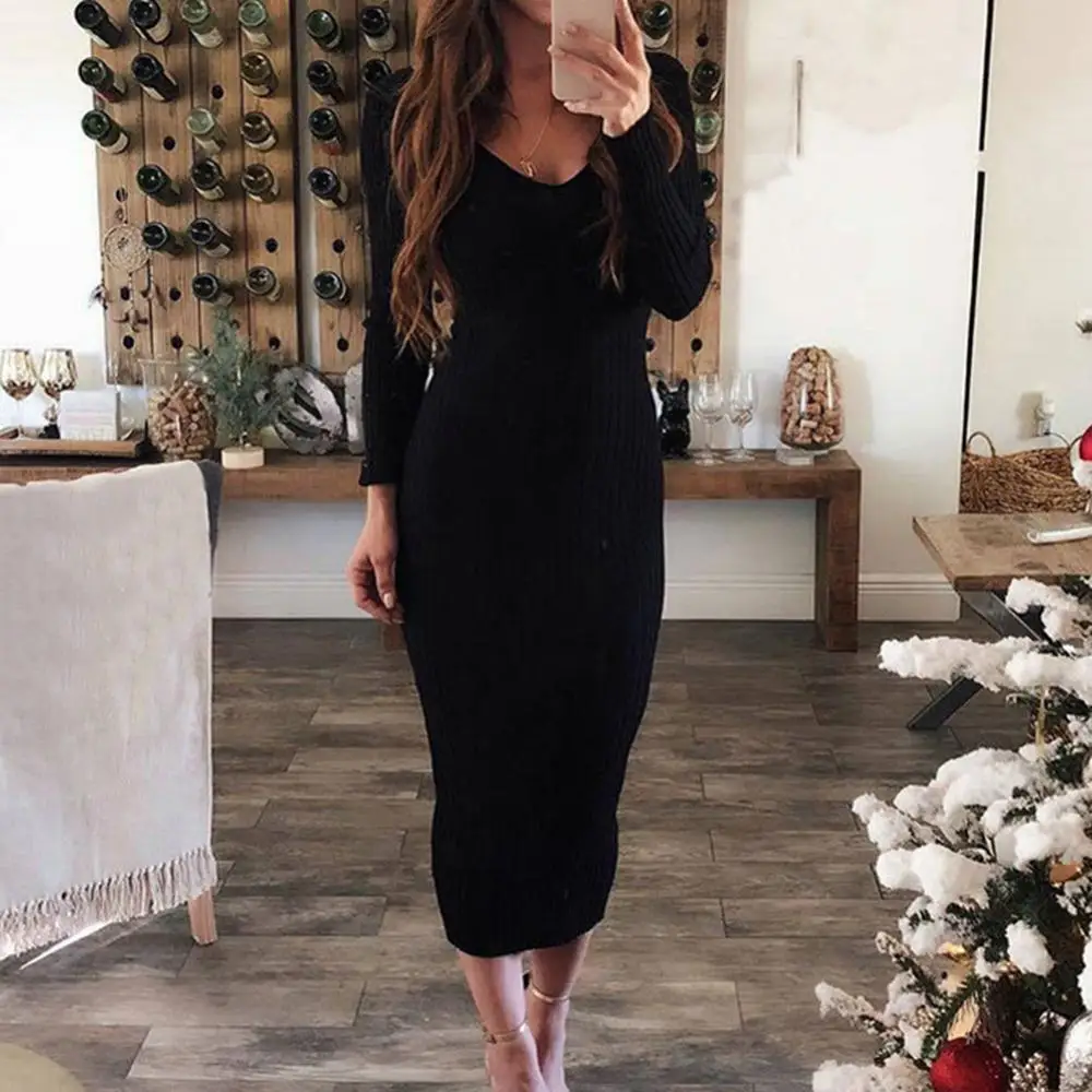 Sexy Knitted Midi Dress 2023 Autumn Long Sleeve V Neck Backless Ribbed Sweater Dress Retro Knitted Bodycon Dress Sweater Vestido