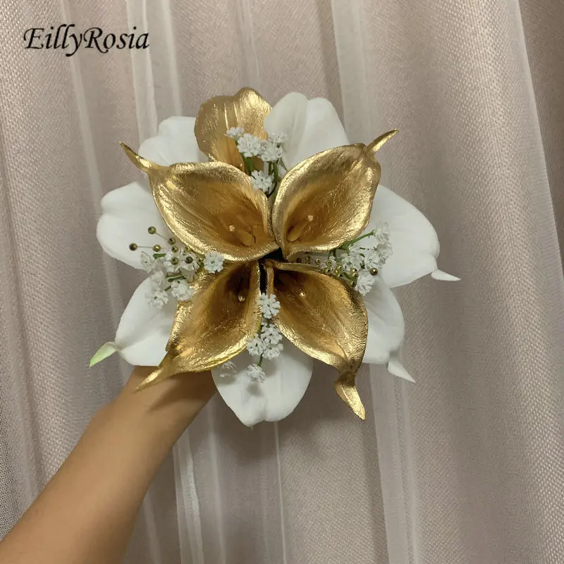 EillyRosia Luxury White and Gold Bridal Bouquet Teardrop Peals Baby's Breath Flowers Brooch Bouquet for the Wedding Flower Set