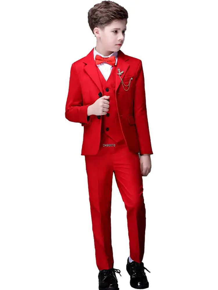 Flower Boys Red Photograph Suit Kids Wedding Suit Teenager Birthday Party Tuxedo Dress Children Graduation Stage Show Costume