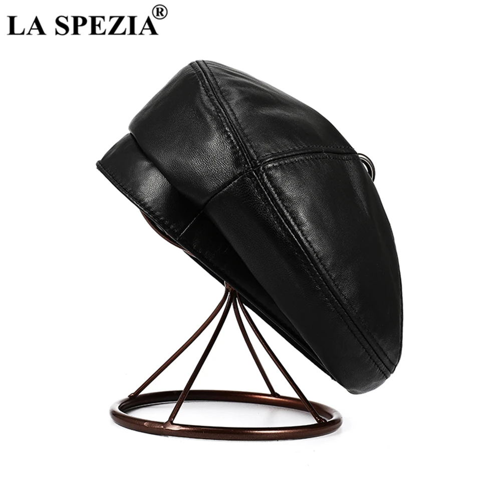 LA SPEZIA Women Beret Hat Vintage Red Womens Hats Genuine Leather Sheepskin Solid Red Blue White Black Autumn Winter Hat