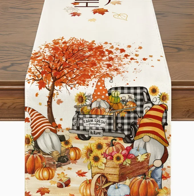 2pc Gnome Pumpkin Maple Leaf Table Runner Fall Farm Truck Woven Runner Thanksgiving Harvest Farmhouse Dining Kitchen Table Decor