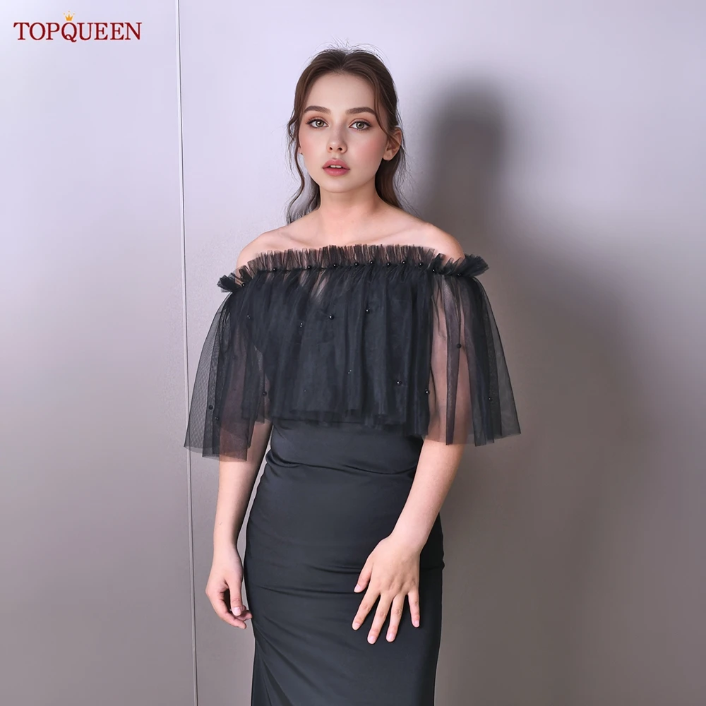 TOPQUEEN G112 syal pernikahan manis bungkus pengantin dengan mutiara manik-manik kerawang jaket musim panas Bolero untuk wanita jubah transparan