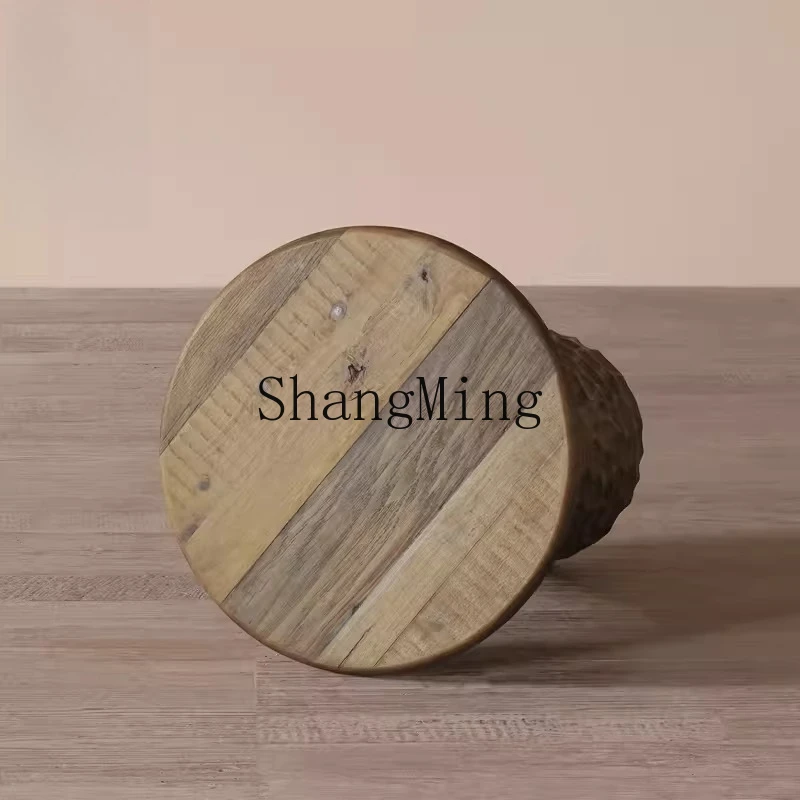 

CL Solid Wood Carved Concave-Convex Surface Round Coffee Table Vintage Homestay Creative Side Table Small Round Table