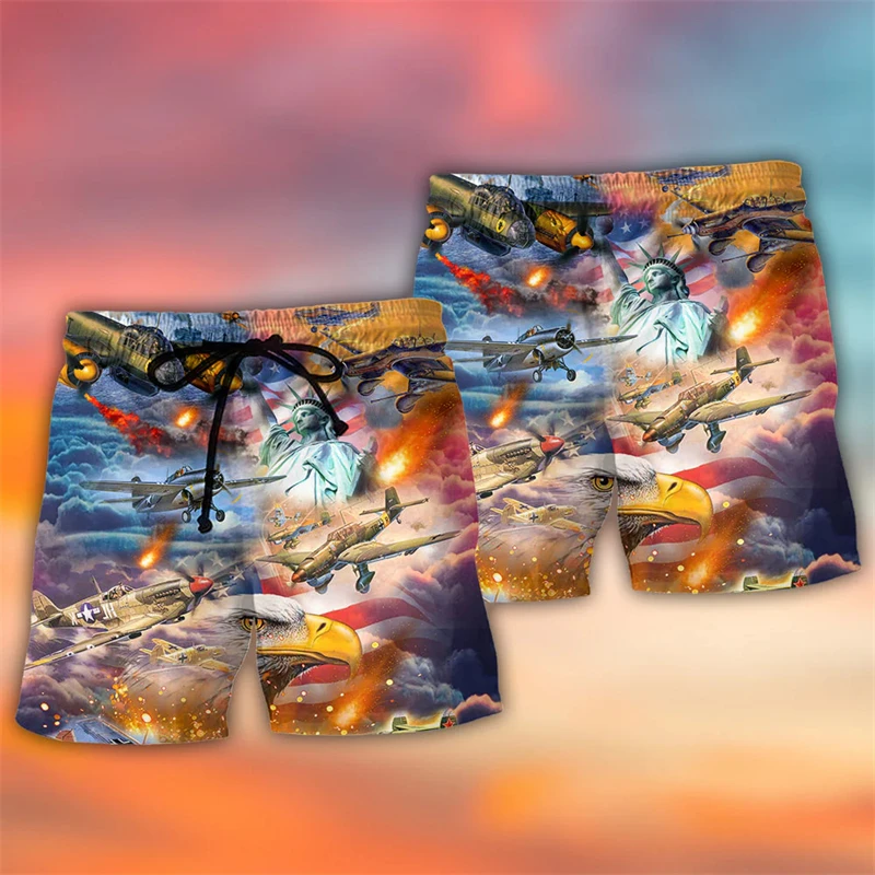 

2024 Novelty Combat Aircraft Fly Sky 3D Graphic Shorts Casual Mens Clothes Military Planes Print Trendy Hawaiian Beach Shorts