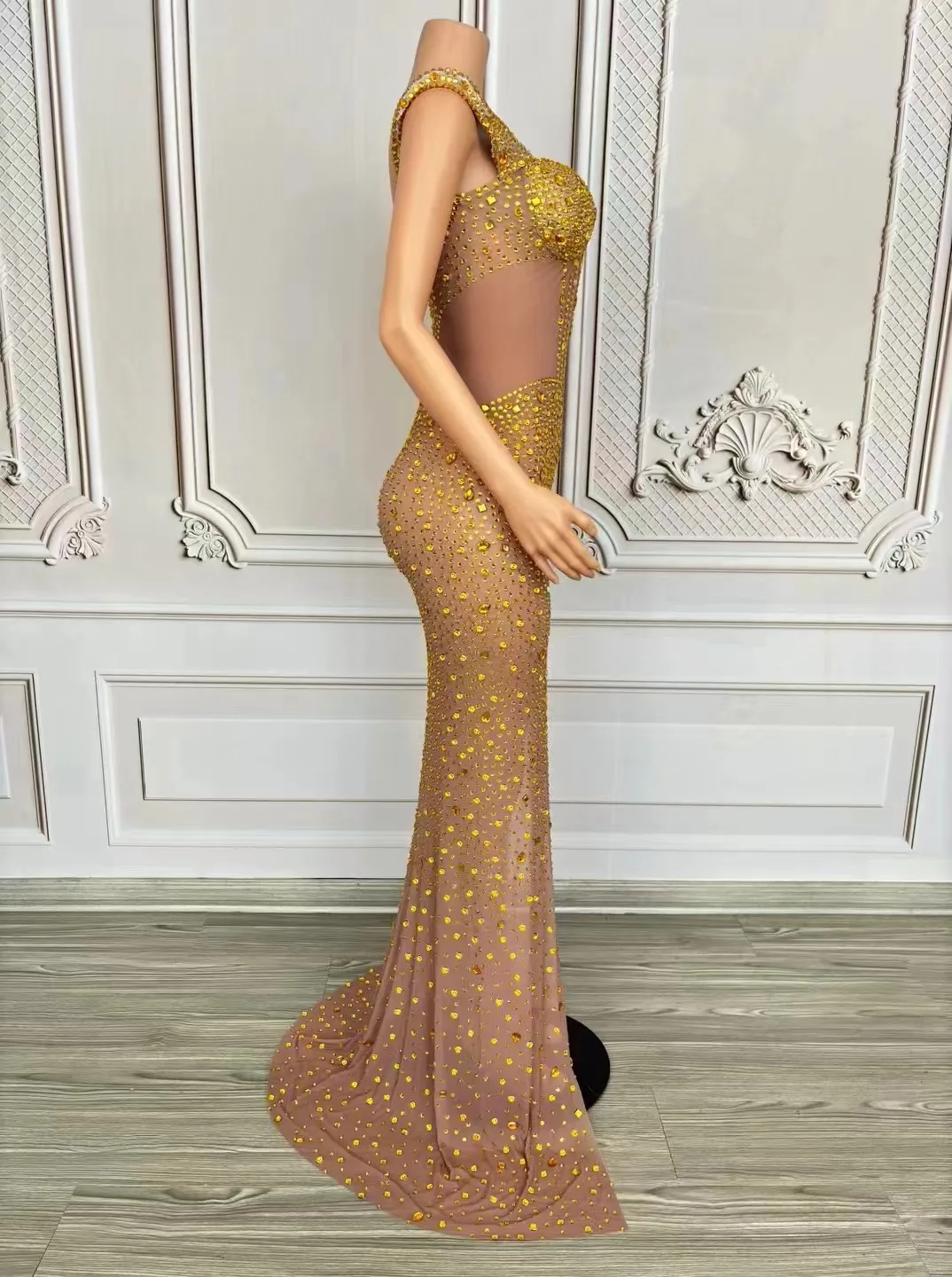 European and American Bright Diamond Embellished Sexy Side Slits Global Lady's Beauty Selection Dress Cocktail Party Socialite E