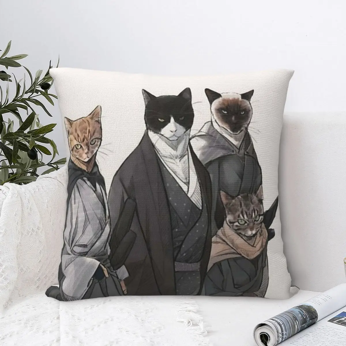 Samurai Cats Funny Warriors Catana Square Pillowcase Pillow Cover Cushion Zip Decorative Comfort Throw Pillow For Home Bedroom