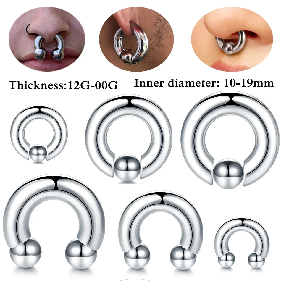 1pc Large Gauge Captive Bead Ring Stainless Steel 12G 00G Horseshoe Ring Circular Hoop Nose Septum Piercing Body Jewelry