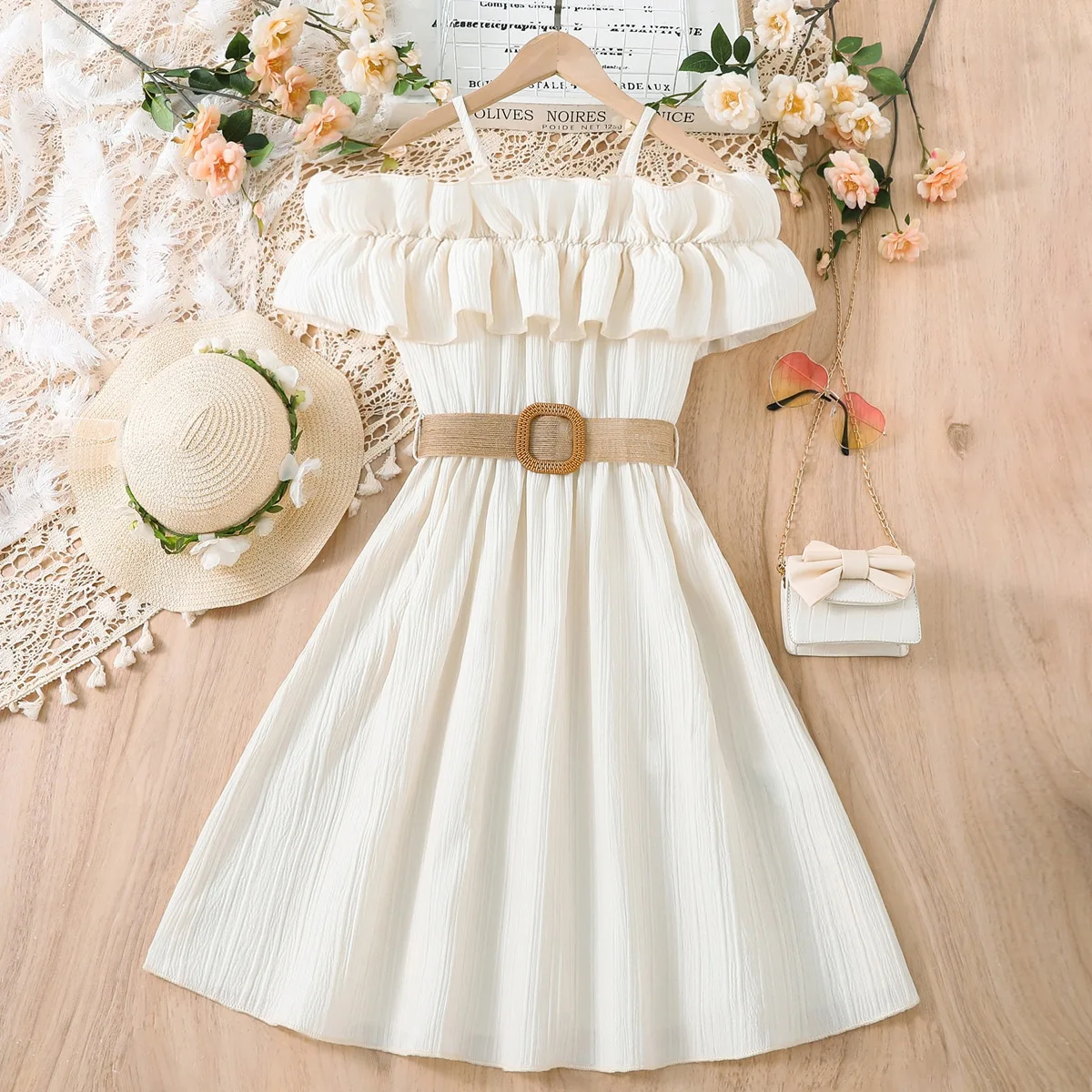 2024 summer Girls Lace mesh braces Dress off shoulder teenager bumpy Princess slip tube TEE dresses Kids Clothes 8 9 10 12 years