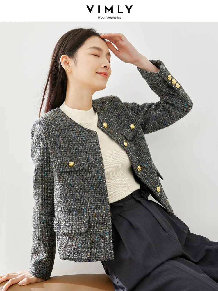 

Vimly Elegant Wool Blend Tweed Jackets O-neck Single Breasted Long Sleeve Coats 2023 Autumn Winter Thick New in Outerwears M5167