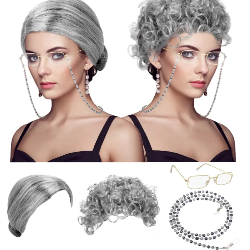 Synthetic Old Lady Wig Costume Set Funny Grandma Wig and Glasses Retainer Chain Silver White Granny Wig Cosplay Halloween Party
