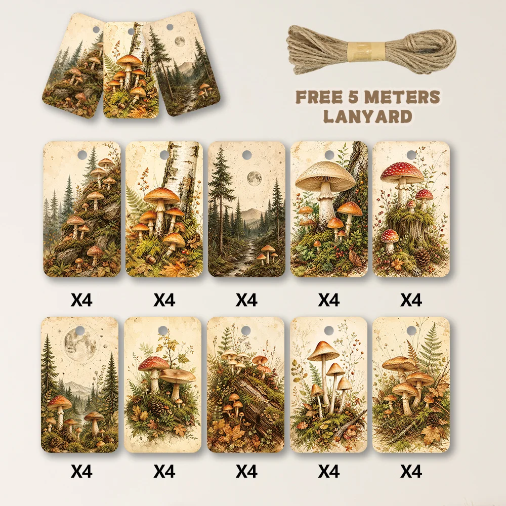 40pcs, Gift Tags, Vintage Watercolor Mushroom Art, Hanging Paper Labels for Gift Wrapping, Holiday Party Decor with String