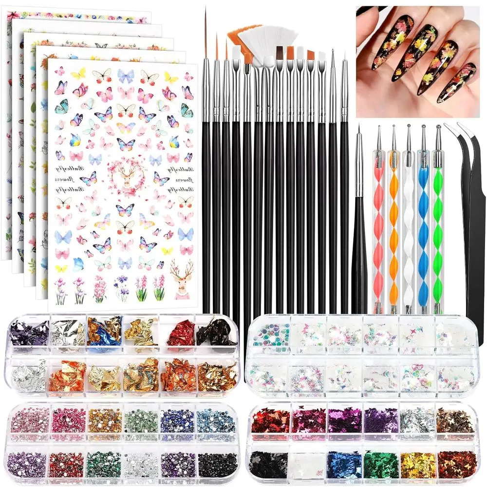 Nail Art Kit, Brushes Set, Dotting Tools, Stickers, Sequins, Oils, Iridescent, Rhinestones, Design