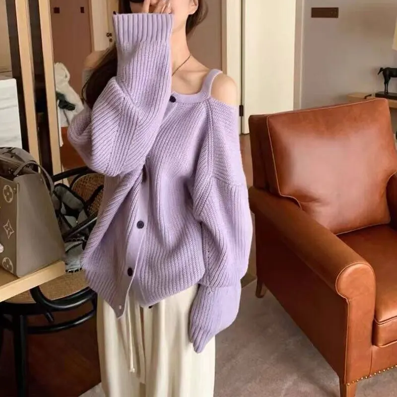 Autumn Winter Solid Color Sweaters Fashion Off Shoulder Cut Out Female Clothing Solid Color Basic Knitted Long Sleeve Cardigan