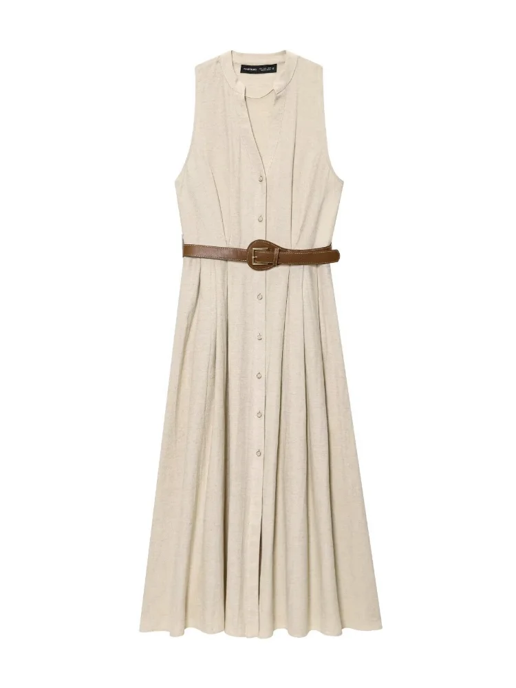 

Однотонное льняное платье без рукавов с поясом, женское повседневное однобортное платье макси с v-образным вырезом и открытыми плечами, Vestidos 2026, женский повседневный уличный халат