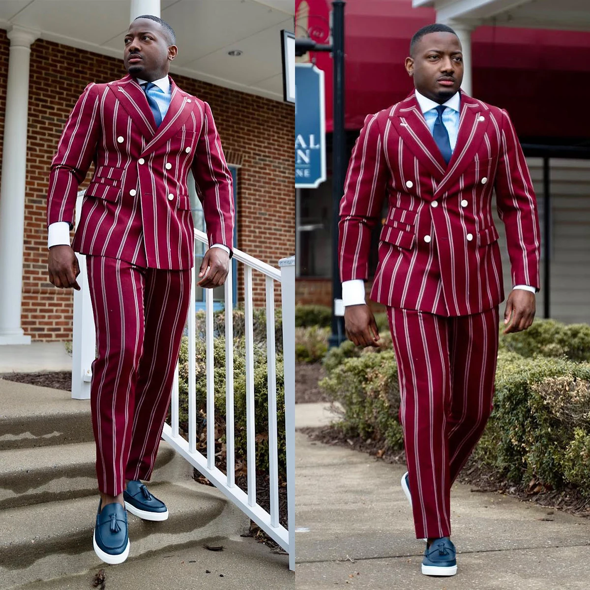 New Men's Suits Tailored 2 Pieces Blazer Pants Peaked Lapel Double Breasted Modern Stripes Wedding Slim Custom Made Plus Size