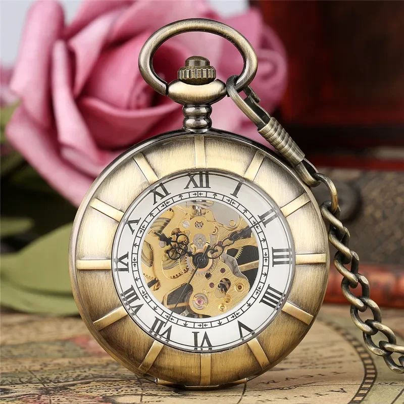 Bronze Men Women Hand Winding Mechanical Pocket Watch Double Hunter Design Vintage Pendant Chain Roman Number Display Clock