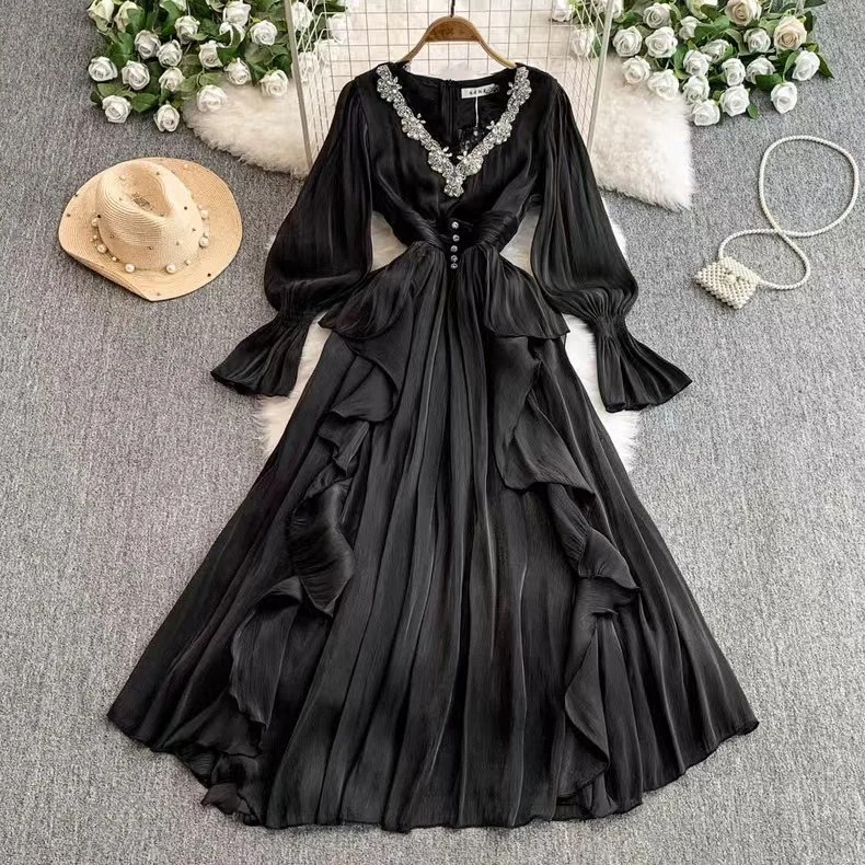 UNI Frühling Kristall Lose Volle Hülse Maxi Plissee Chiffon Kleid Für Frauen Elegante Prom Abend Party Lange Kleider Dame 2023