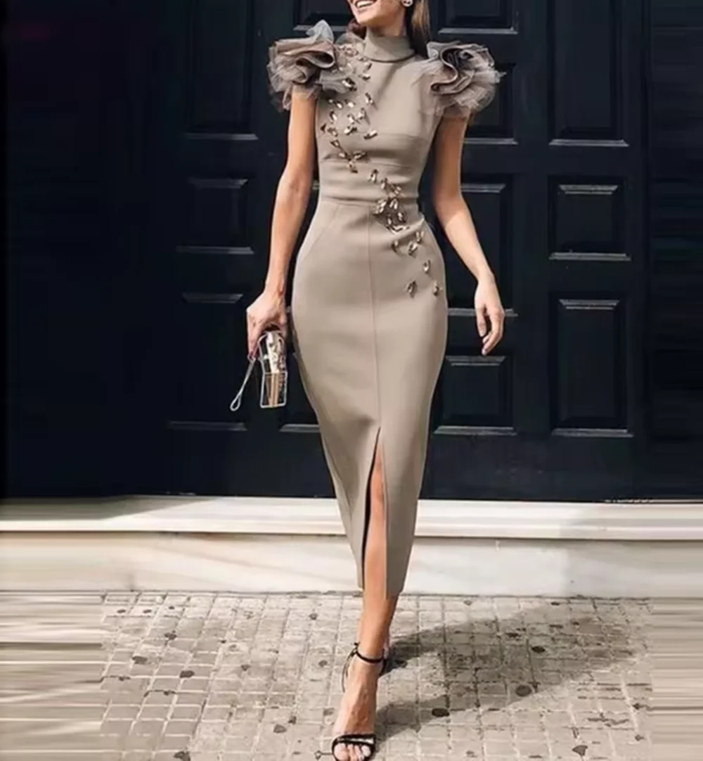 Mermaid Prom Dresses With High Neck Beads Ruffles Front Split Satin Women Formal Evening Dress Tea Length Mother Party Gowns