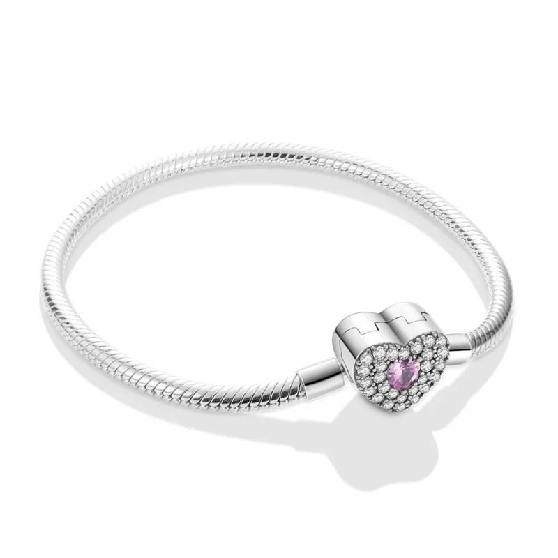 Hot Sale FashionFashion S925 Silver Plated Peach Heart Love Sparkling Zircon Bracelet For Women Fit DIY Charms Beads Fine DIY Bi