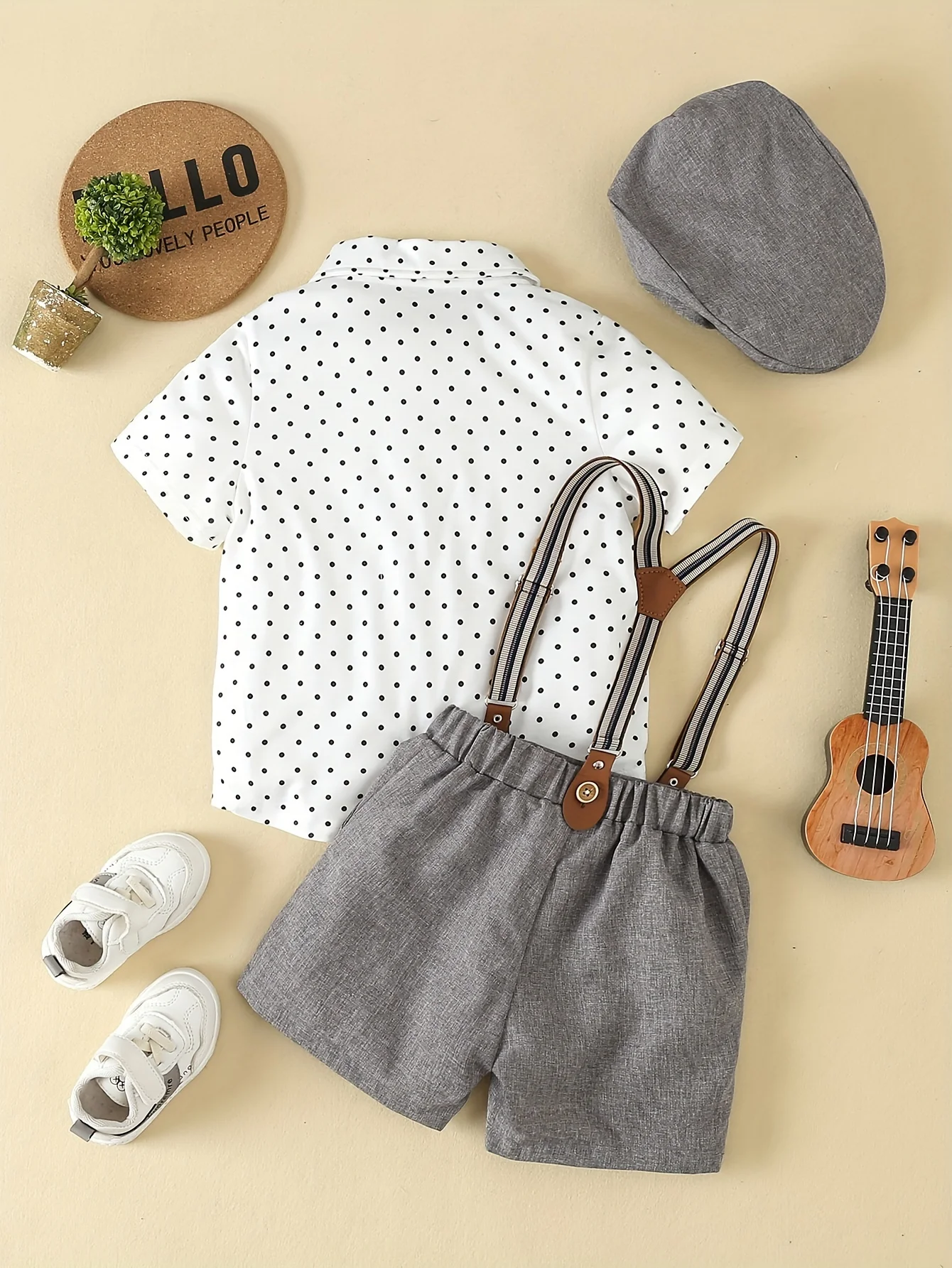 Boys Summer Party Gentleman Dress Three Piece Set, Bow Dot Short sleeved Shirt+Strap Grey Shorts+Hat