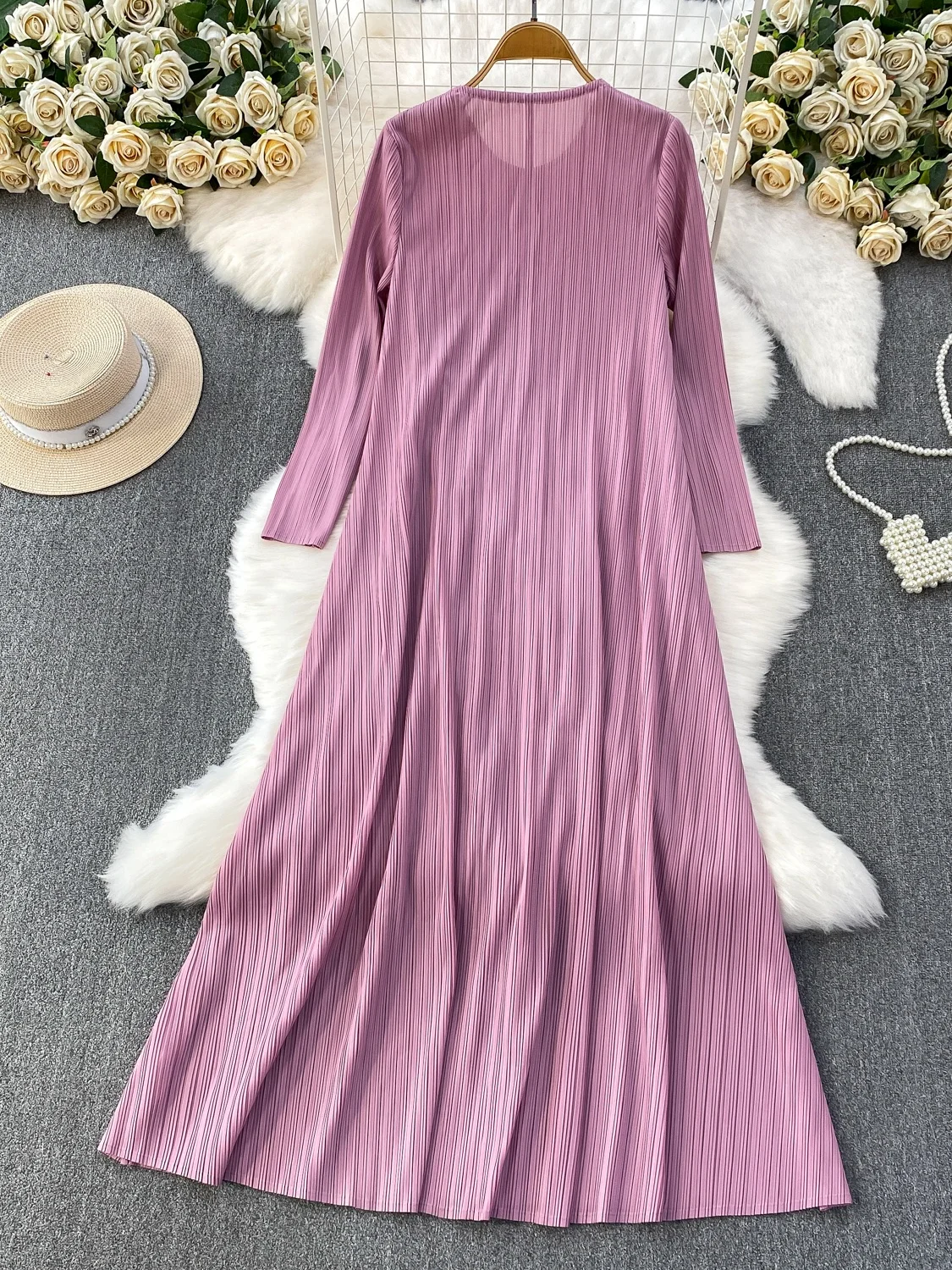 Ele Casual round Ne Maxi Skirt Dr Women Autumn Winter Heavy Embellied Pleated Dr Ci Commute Par Dr