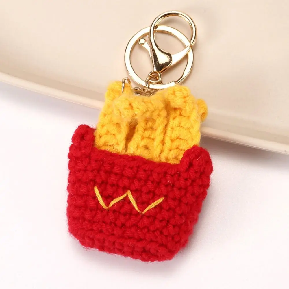 French Fries Crochet Hamburger Handmaking Pizza Wings Weaved Keychains Pendant Woolly Knitting Key Ring Women Girl