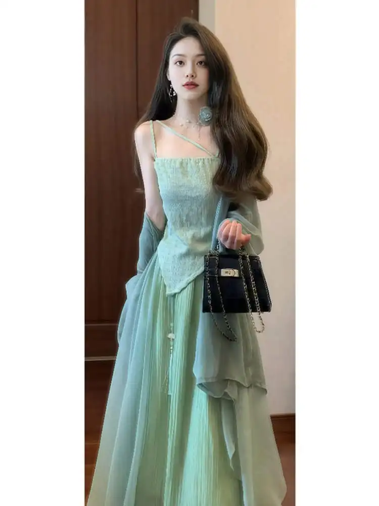 

Gentle Style Three-Piece Set Summer New Arrival Soft Wind Cardigan Strap Top Half-Skirt Cotton Long Sleeve Overhead Fashion