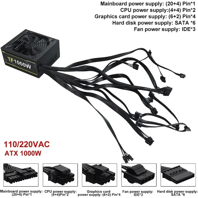 1000W 100-240V ATX Gold Power Supply Full Voltage Power Non-Modular Active PFC PSU Gaming Gold Power Supply Units for PC Server