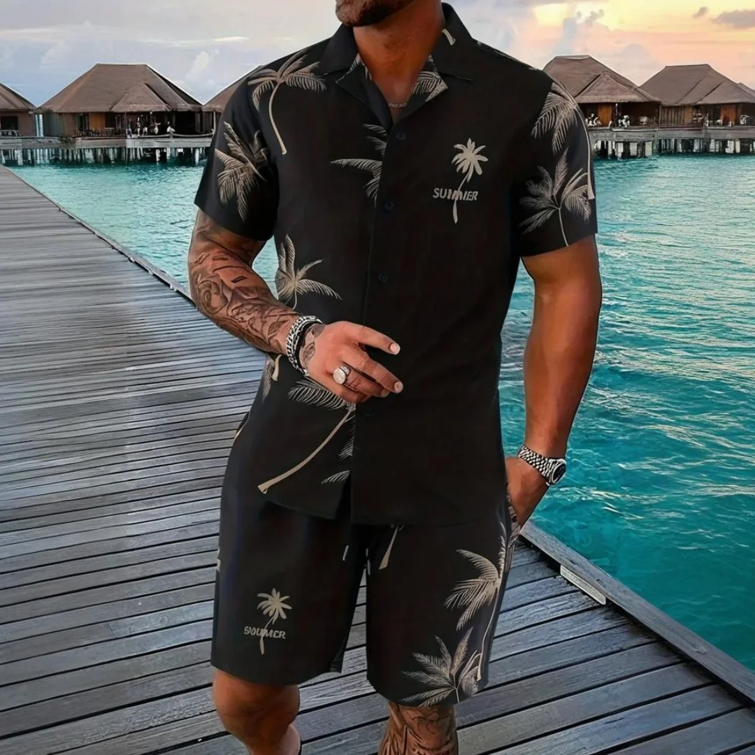 

Simple Men's 3D Palm Tree Print Short Sleeve Shirt Fashion Beach Pants Hawaii Vacation Style Summer OverSize Men's Clothing