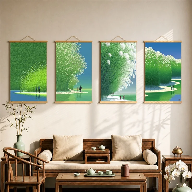 Room Decorations Soft Fuzzy Floral Shapes, Cozy Pastel Pearlescent Canvas Hanging Scroll with Wooden Rods for Aesthetic Bedroom