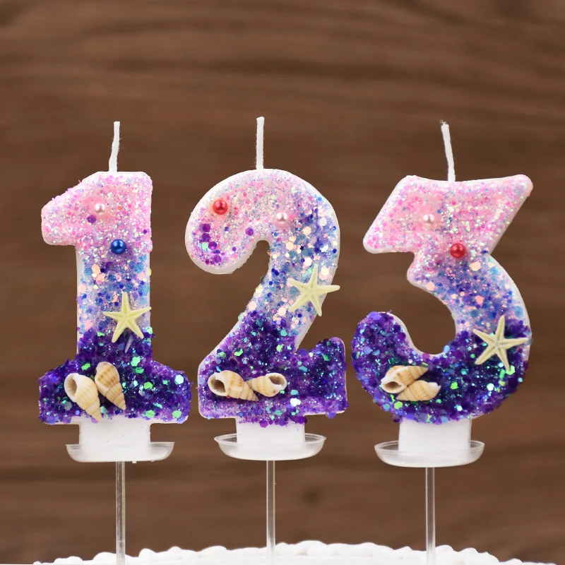 Ocean Mermaid Cake Decoration 3D Sparkly Number Candles Cake Topper Baking Celebration Mermaid Birthday Party Decor Accessories