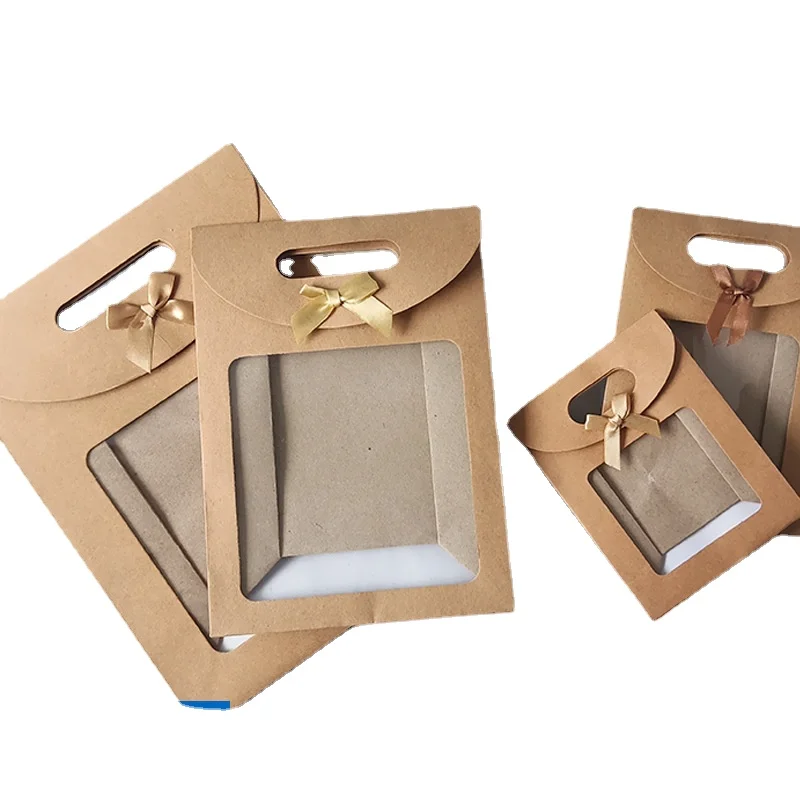 12/24/48pcs Kraft Paper Flip Open Window Tote Bag with Ribbon Bow Wedding Birthday Party Gift Packaging Handbag Cookie Candy Bag