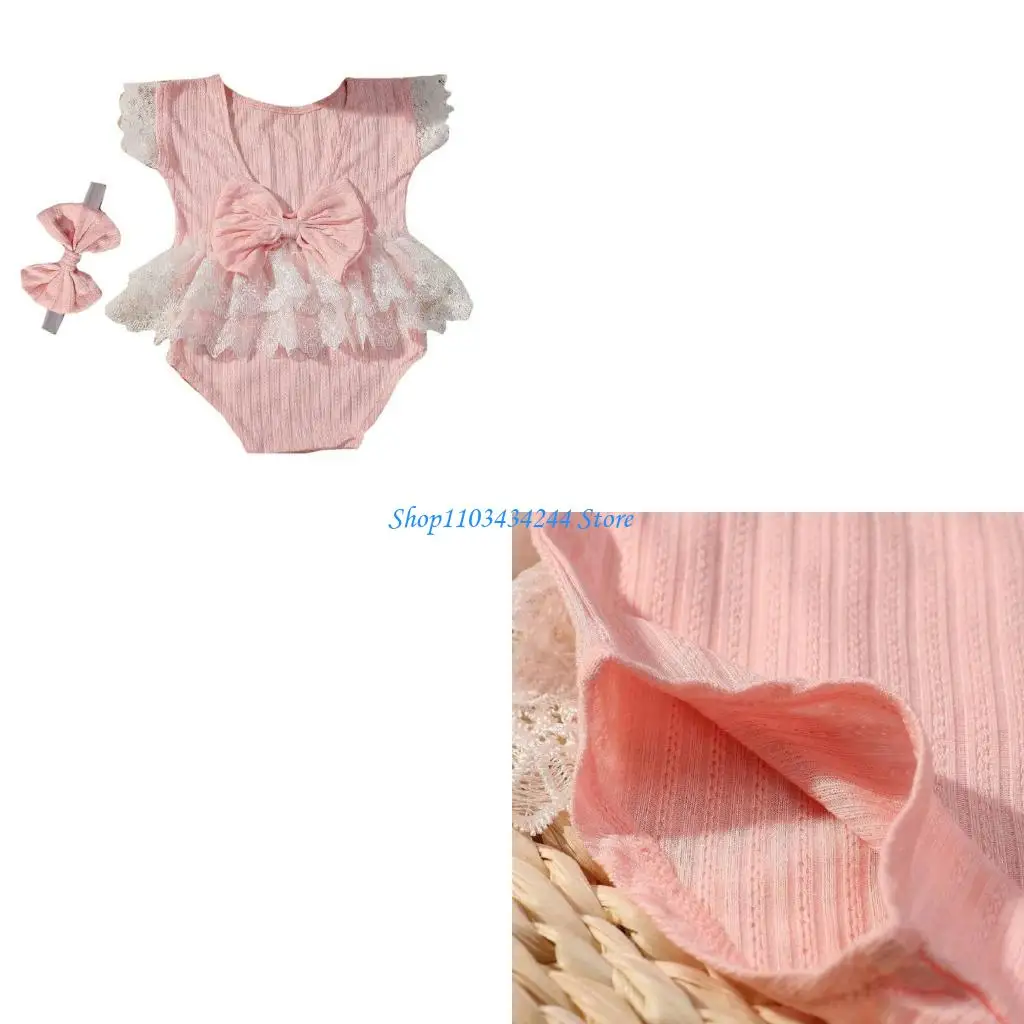 Baby Photography Costume Clothing Bowknot Headband Lace Romper Photo Clothes Photography Props for Girl 0-9 Month