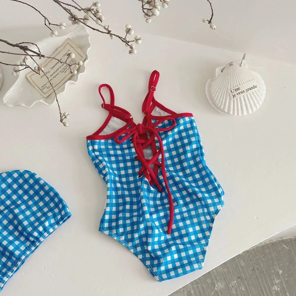 2026 Summer Baby Girls Plaid Bikini Swimsuits Korean Style Children Beach Vacation Backless Swimwear