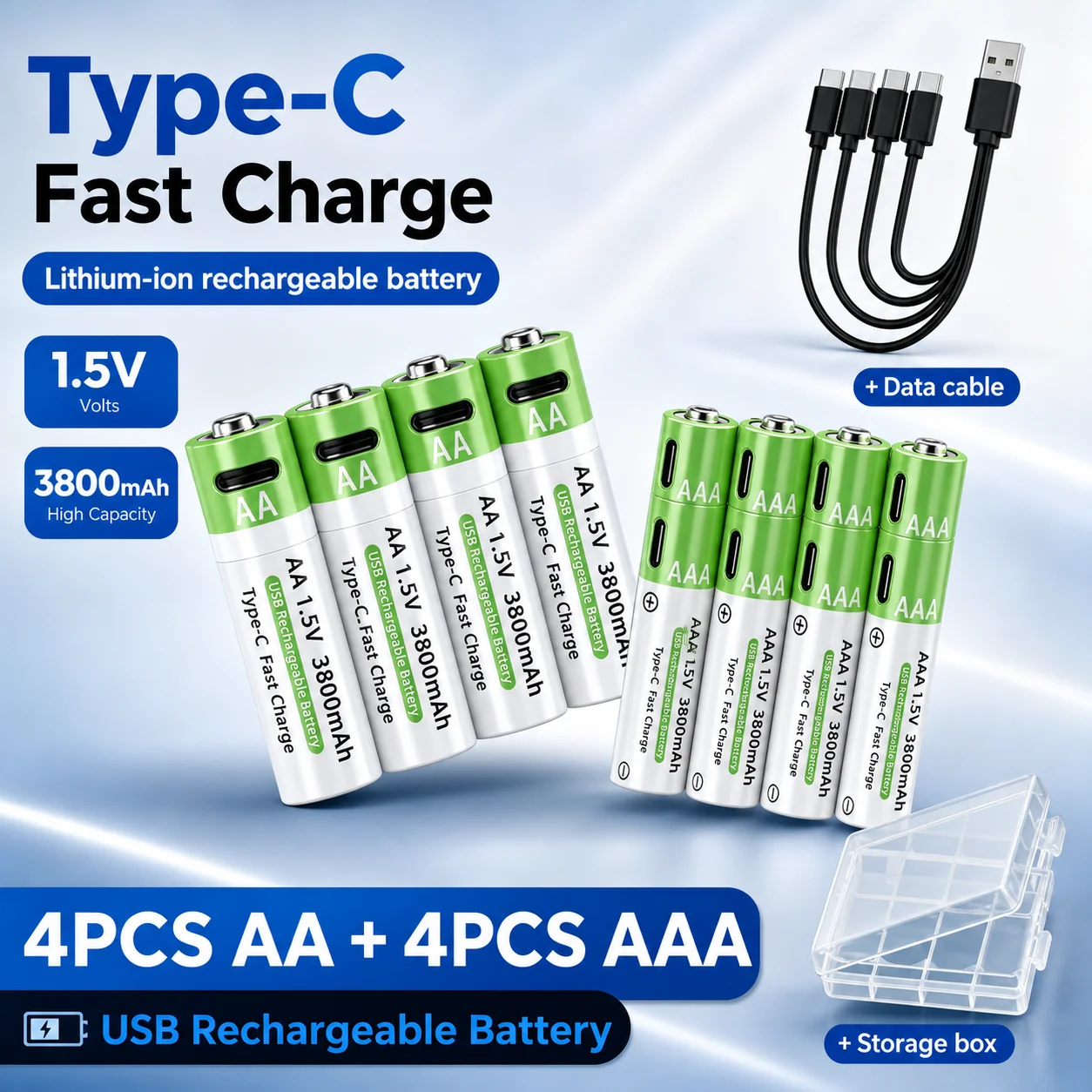 1.5V Rechargeable AA AAA Battery 3800mAh 3000mAh Replacement for Flashlights Toys Clocks MP3 Players Long Lasting
