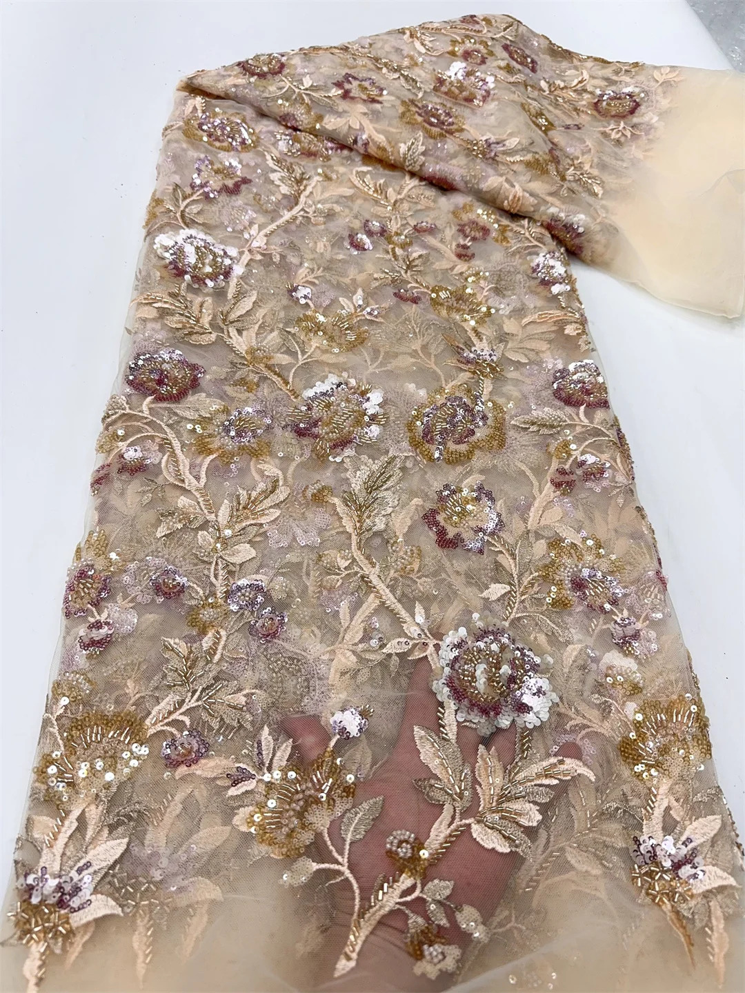 New African Beaded Tulle Lace Fabric 2025 High Quality Nigerian Sequins Lace French Tulle Fabric For Wedding Party Dress Sewing