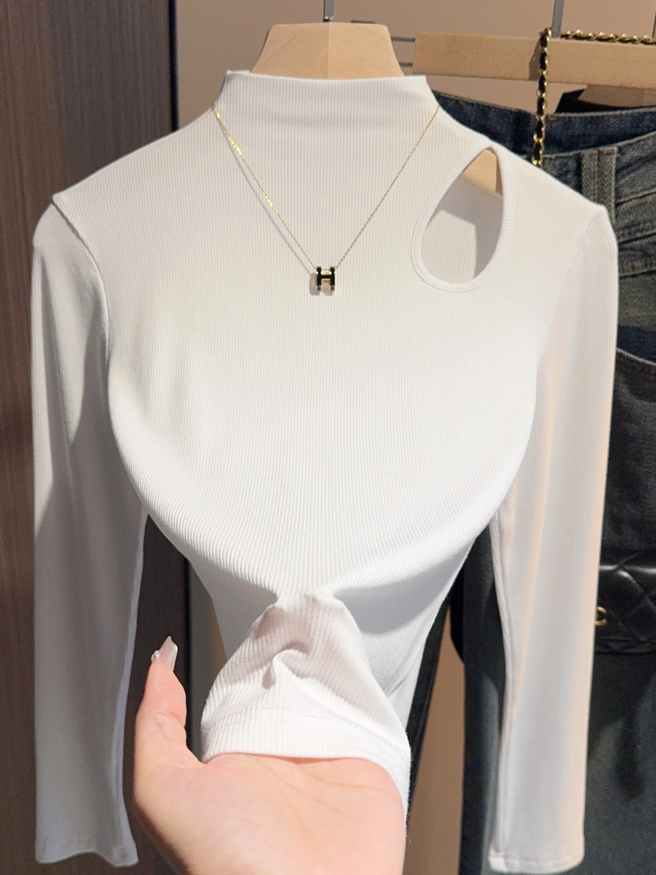 2025 Spring New Women's Stand Collar Ribbed Long Sleeve T-Shirt Hollow Out Sexy Layered Tops Casual Lace Cami Blouse Party Wear