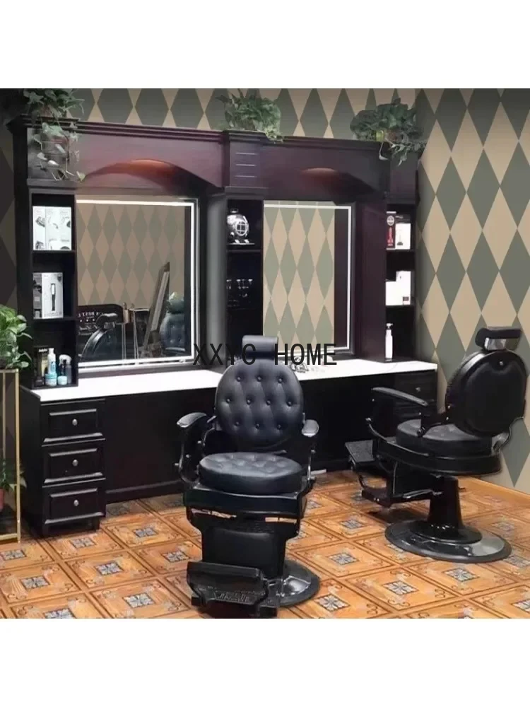 High-End Retro Barber Shop Dressing Table Hair  Hair Cutting Perm Mirror Men's Oil Head Museum Dedicated Dressing Table