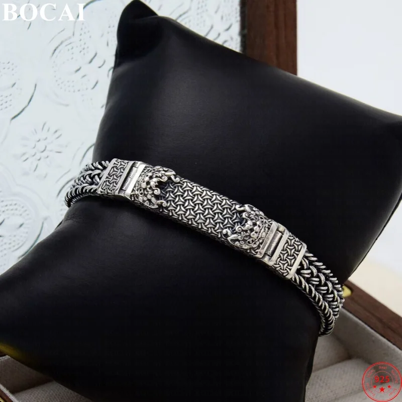 

BOCAI S925 Sterling Silver Charms Bracelets for Men Traditional Aesthetic Lion Dance Pattern Horsewhip-chain New Fashion Jewelry