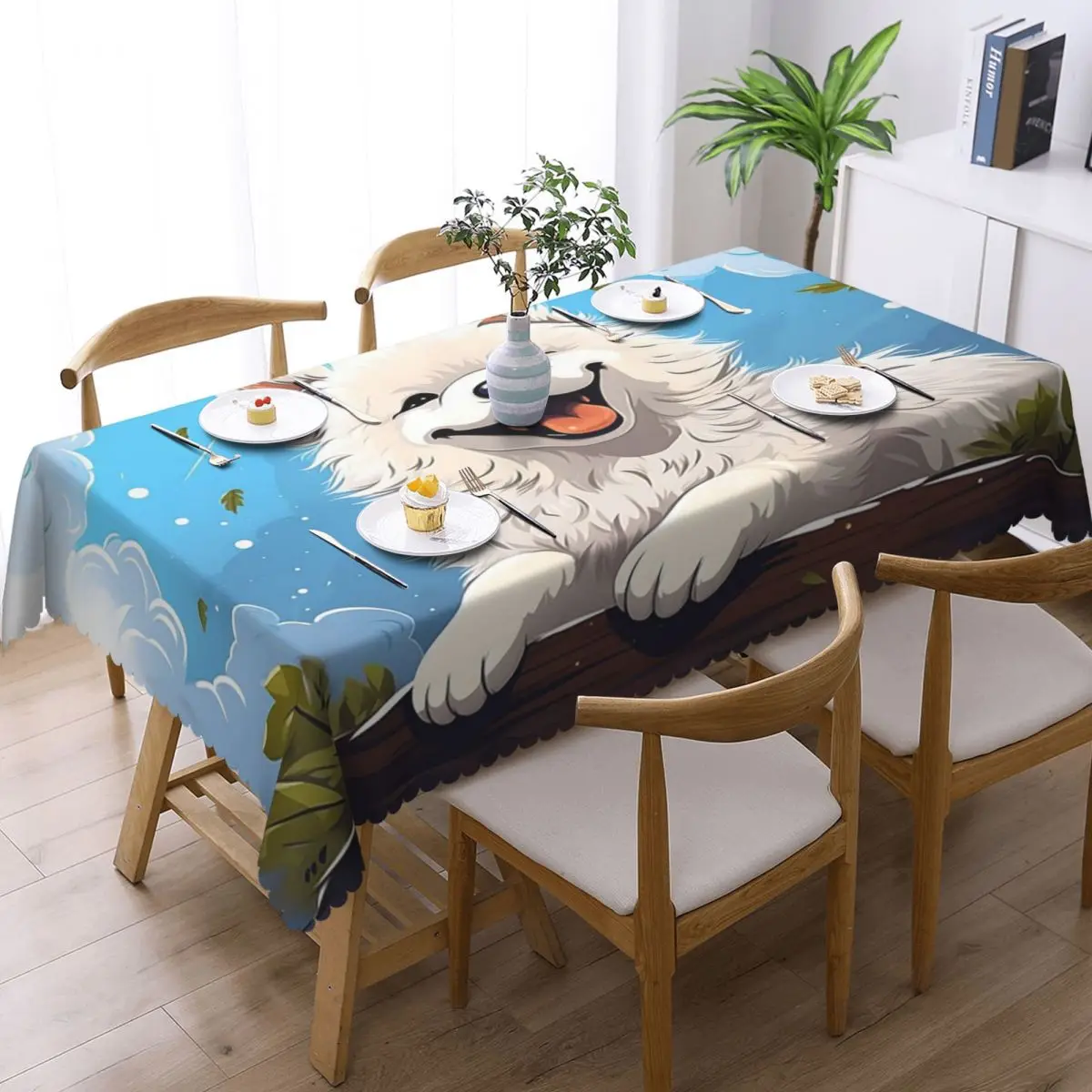 Cute Samoyed Dog Illustration Customized Rectangular Tablecloth Waterproof Table Cover for Dining Events Table Cloth