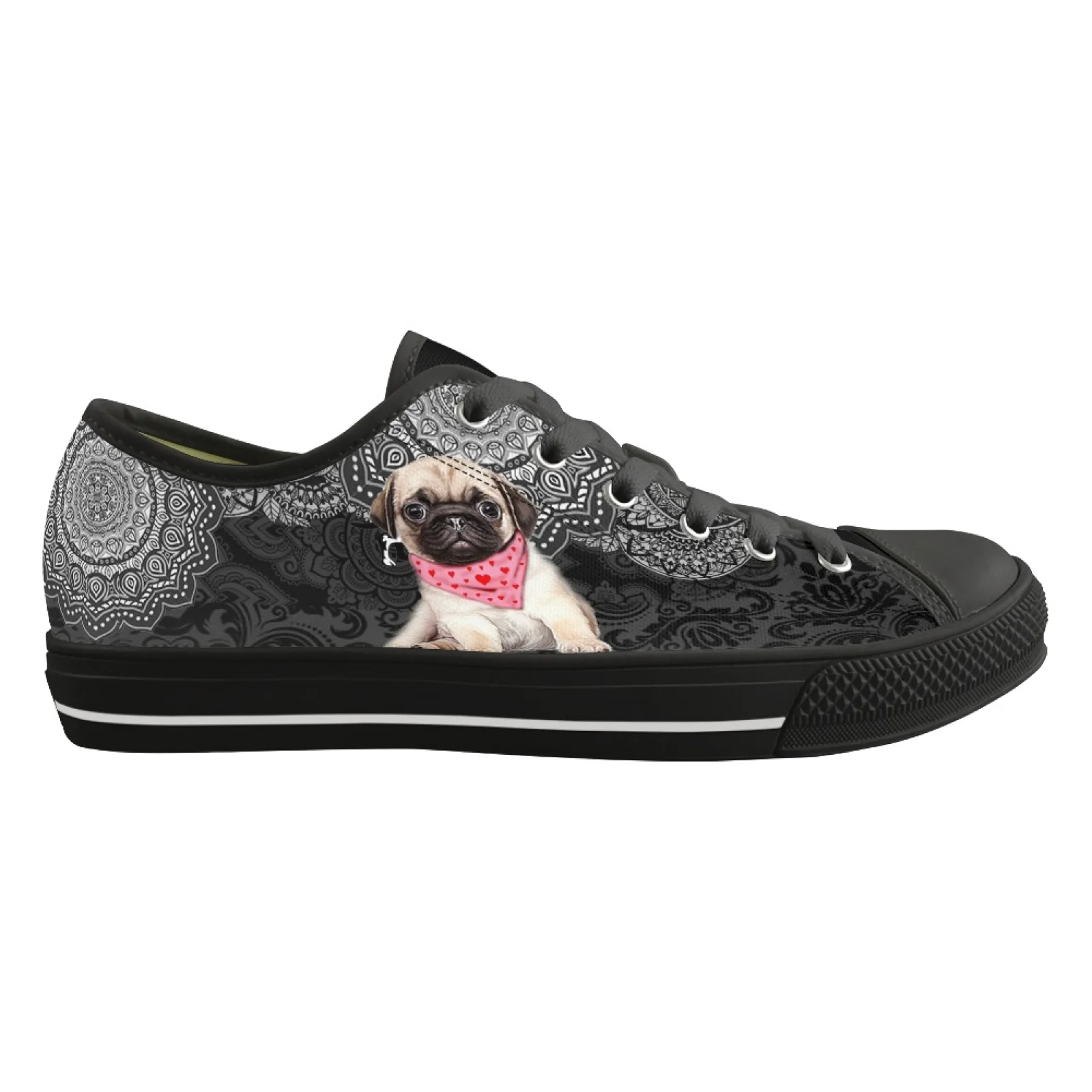 ELVISwords Boho Sapatos Vulcanizados para Mulheres, Lona Confortável, Top Baixo, Amantes de Pug Dog, Lace Up, Sapatilhas Femininas