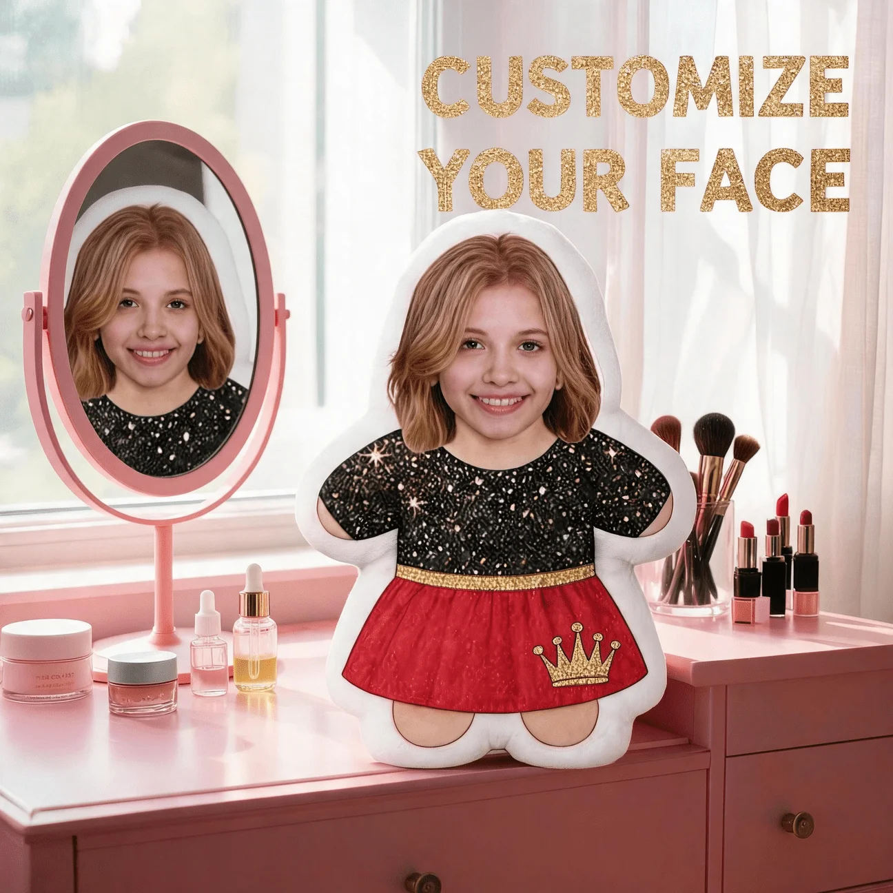Custom Personalized Photo Shaped Pillow, Smiling Face with Crown And Glitter Dress Design Decorative Cushion, Unique Home Decor