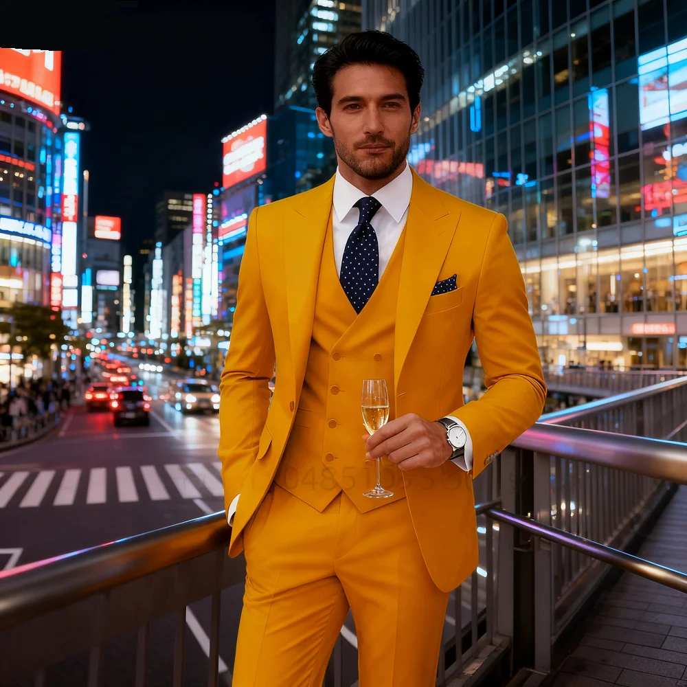 

Solid Color Men's Formal Business Tuxedo Wedding Suit Slim Fit Groomsmen Smoking 3pcs Set Peak Lapel Classic Men's Suit