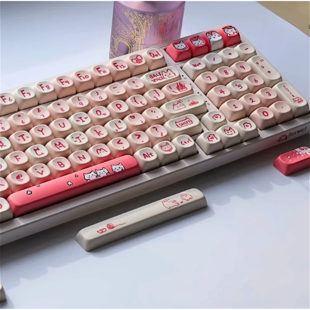 

Cute Pink Pussycat 145 Keys MOA Keycap Set PBT Girl Gift Large Set for 60/64/84/98/108 Gaming Mechanical Keyboard MX Switch