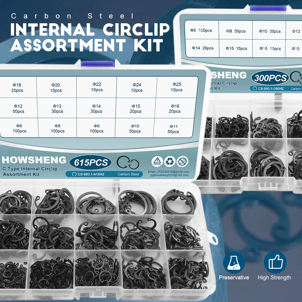 HOWSHENG 300pcs/615pcs Internal Circlip Assortment Kit Retaining Clip Ring Set Carbon Steel 6-25mm C Clip Washer Kit for Hole