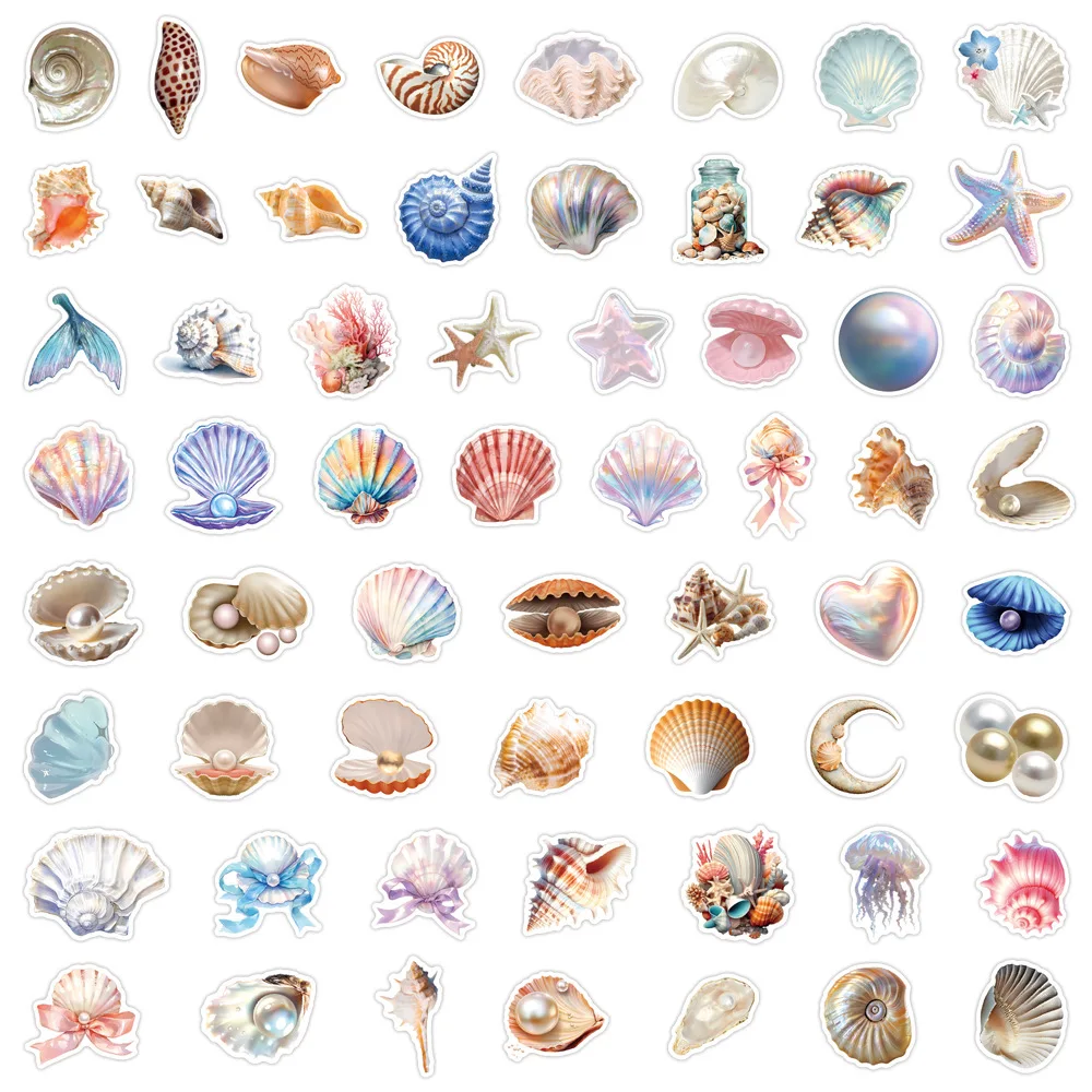 60PCS Beautiful Shells Decoration Stickers Shiny Pearl Starfish Cartoon Decals Suitcase Fridge Laptop Guitar Car Bike Kids Toys