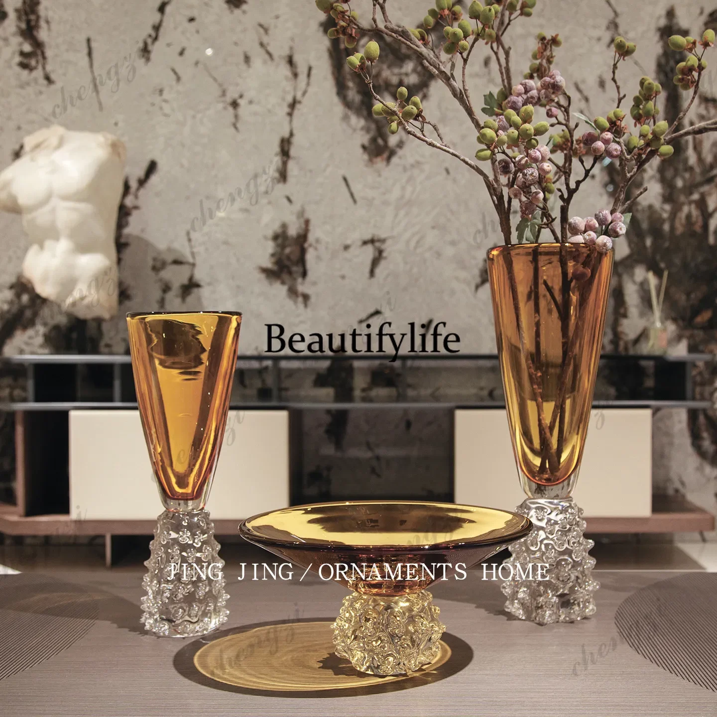 f182 Light luxury amber tall wine glass vase ornament, flower arrangement, living room, coffee table, dining table, flower vesse