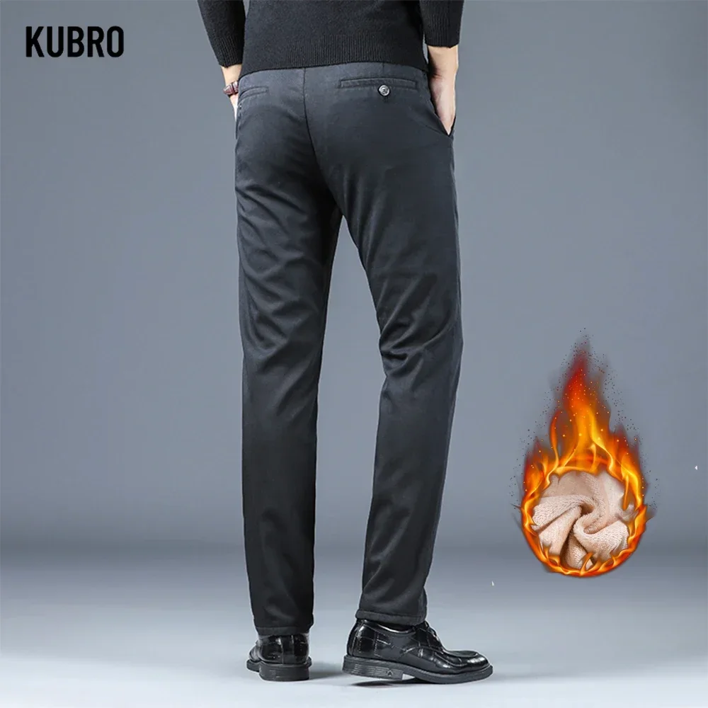 KUBRO Autumn Winter Warm Fleece Men's Suit Pants Cotton Business Thick Solid Color Outdoors Casual Fashion Formal Trousers Male